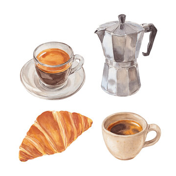 Coffee and Croissant Watercolor Elements Set