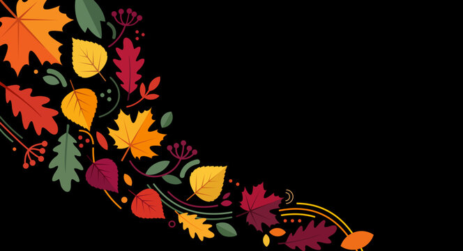 Modern autumn foliage ornament frame background on dark black backdrop with colorful leaves and copy space vector illustration. 