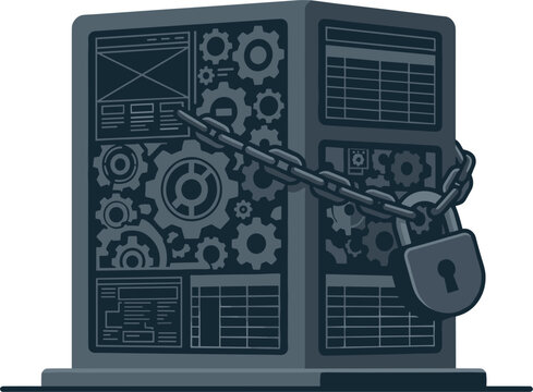Secure server database icon vector concept wrapped in metal chains with a heavy padlock protection symbol to protect structured backend data records