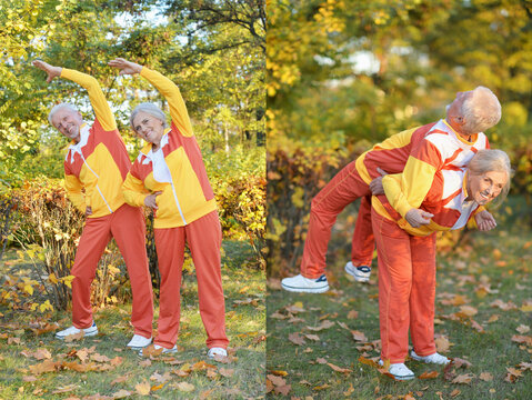 Active Seniors Stretching Outdoors in Autumn Park