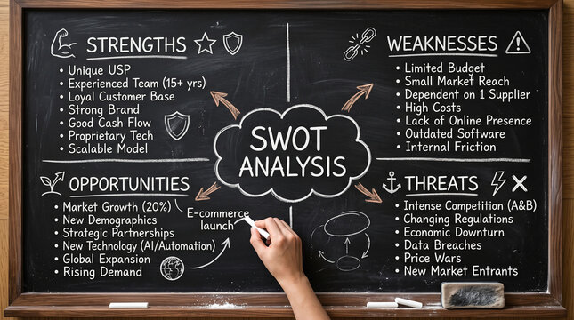 A SWOT analysis diagram drawn on a chalkboard with a hand pointing to opportunities. The diagram lists strengths, weaknesses, opportunities, and threats for a business