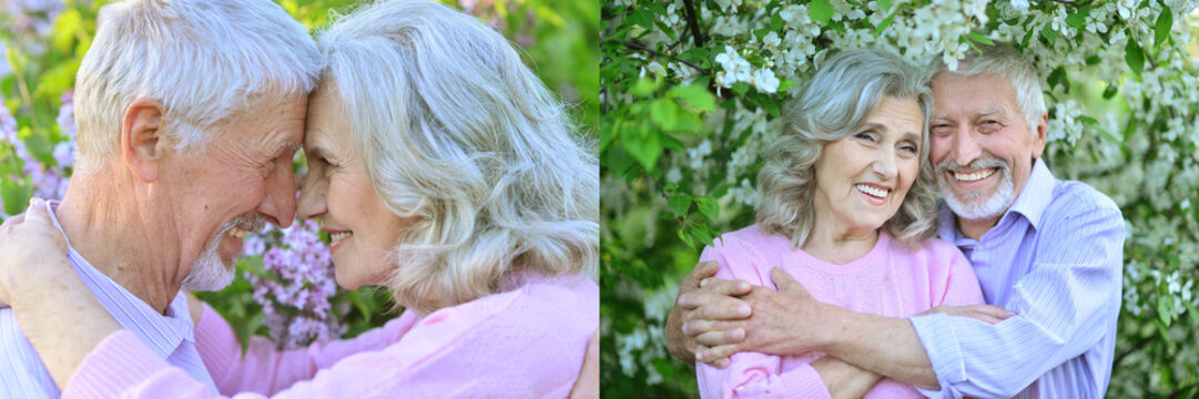 Happy senior couple embracing outdoors in spring garden