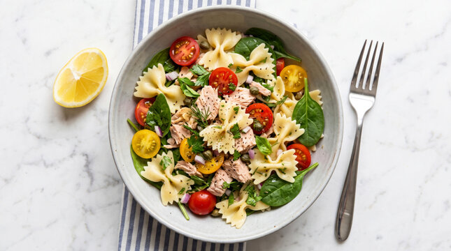 A delicious bowl of farfalle pasta salad with fresh cherry tomatoes spinach and herbs on a marble table