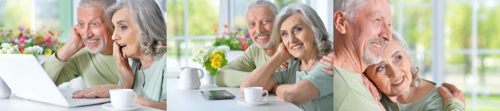 Senior couple and friends smiling at home with laptop and tablet