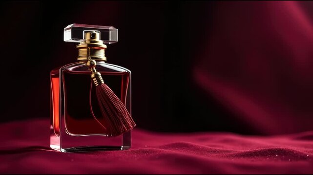 A bottle of perfume sitting on a red cloth