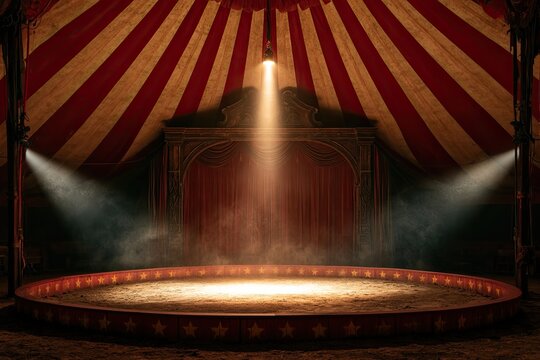 Empty circus ring bathed in spotlights under a red and white striped tent