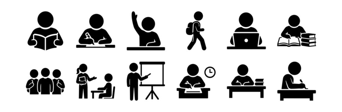 Set of education and learning icons including reading, writing, raising hand, walking with backpack, laptop study, group of students, teacher teaching on transparent background