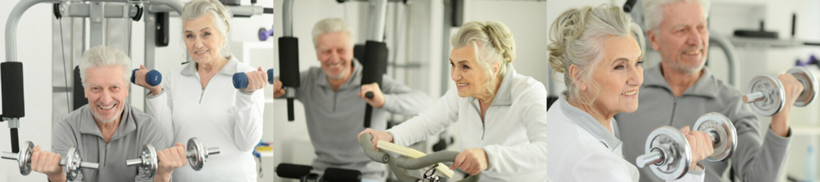 Active Seniors Exercising with Dumbbells in Fitness Center