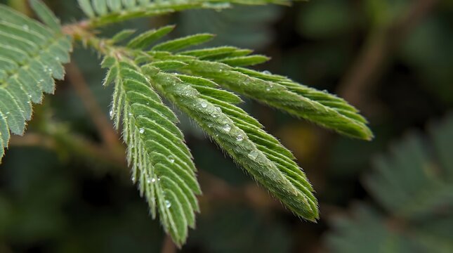 Fresh green mimosa pudica leaves with morning dew water drops