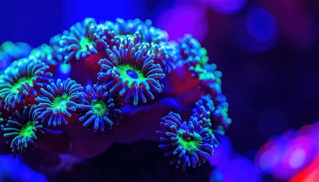 Vibrant bioluminescent coral polyps underwater macro.