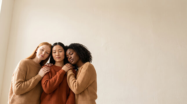 Three diverse women together in knit sweaters showing support and unity