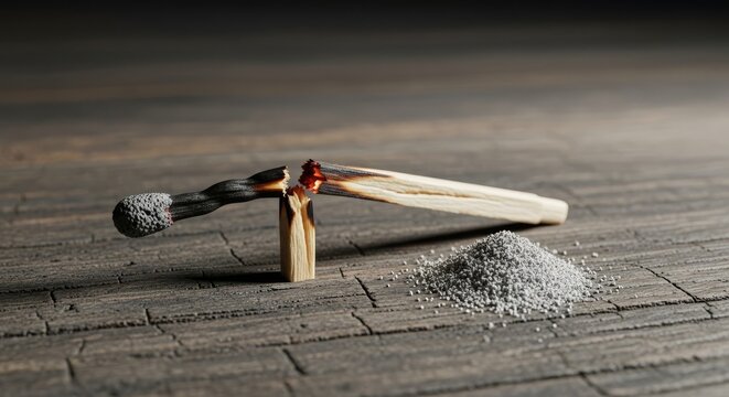 An extinguished match lies broken on a rough dark table with grey ash nearby, representing the end of energy and complete physical depletion, collapse, used, burnout
