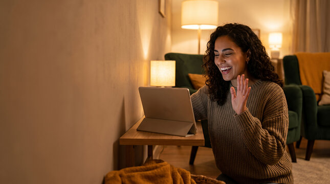 Woman waving during video call from hotel bedroom with tablet