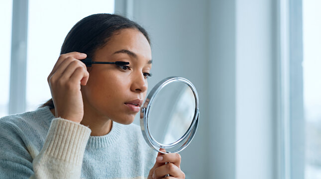 Woman applying mascara makeup looking in mirror with natural light