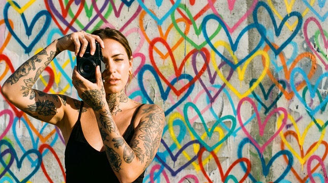 Tattooed woman holding vintage camera against colorful heart graffiti