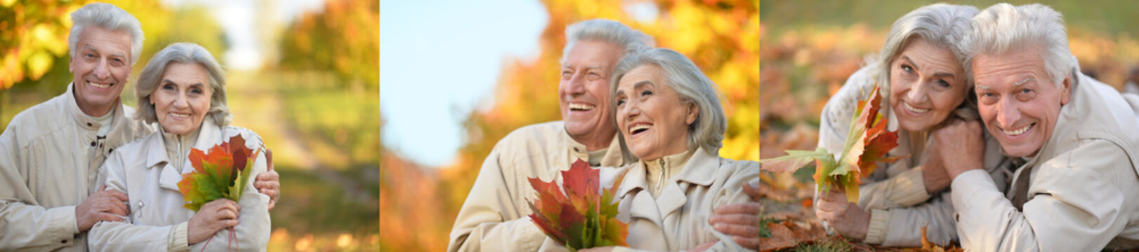 Happy Senior Couple Enjoying Autumn Leaves Outdoors
