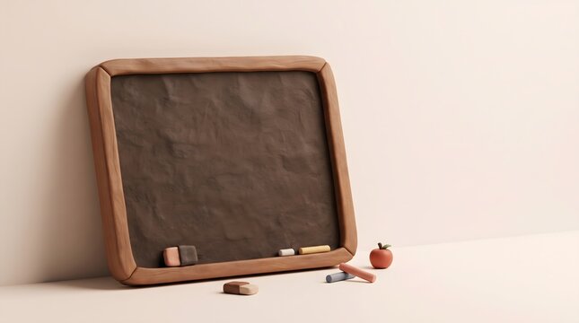 Claymation style school blackboard with chalk and apple 3d render
