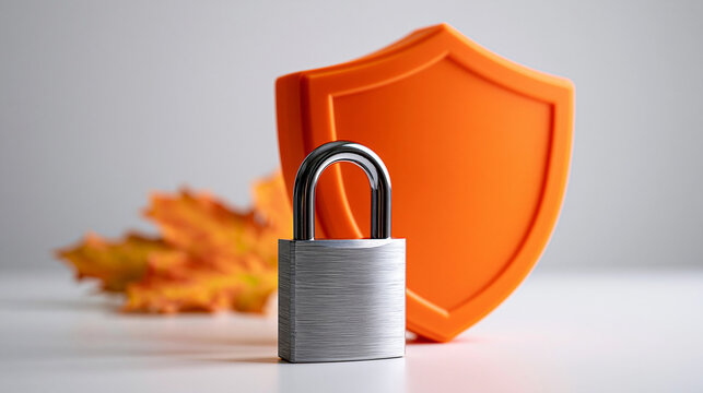 Minimalist October cybersecurity awareness composition with a large protective shield and padlock symbol standing on a bright white surface, soft orange autumn accents subtly incorporated into the s