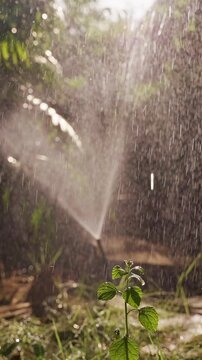 Vertical video. Automatic Sprinkler Sprays Shimmering Water across Tropical Garden Plants in Slow Motion, Garden Care and Irrigation