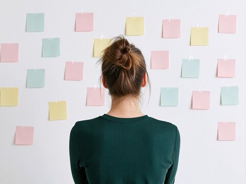 Woman looking at a wall with colorful sticky notes for brainstorming business strategy and creative project planning