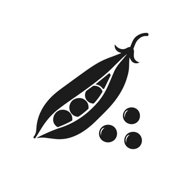Simple black and white vector illustration of a pea pod with loose peas isolated on white background