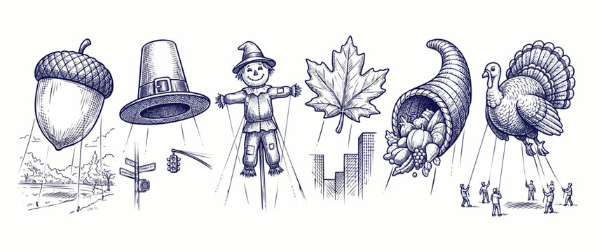 Thanksgiving parade balloons vintage sketch set featuring turkey pilgrim hat scarecrow cornucopia maple leaf acorn floating in city autumn holiday festival celebration line art vector illustration