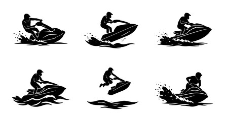 Fototapeta premium Jet Ski Silhouette Collection, Water Sports Action Icons, Personal Watercraft Vector Graphics, Dynamic Summer Recreation Set