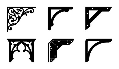 Decorative Architectural Brackets, Ornate Victorian Scrollwork, Modern Industrial Supports, Gothic Arch Elements, Black Vector Set for Construction and Design © Sadia