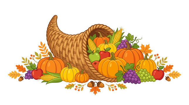 Flat Vector Illustration of a Traditional Thanksgiving Cornucopia Horn of Plenty Overflowing with Pumpkins, Corn, Apples, Grapes, and Autumn Leaves Isolated on White Background
