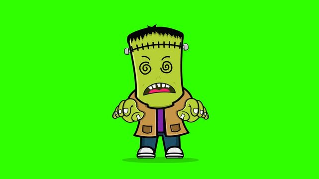 Cute Cartoon Frankenstein Monster Waving Hands with Spinning Dizzy Eyes on Green Screen
