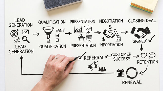 Sales funnel diagram showing lead generation, qualification, presentation, negotiation, closing deal, retention, and renewal. A hand is drawing the referral stage on a whiteboard