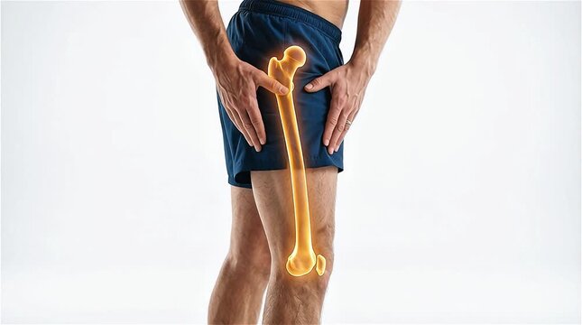 Man experiencing hip pain shown through a glowing anatomical visualization of the femur bone and joint for medical education