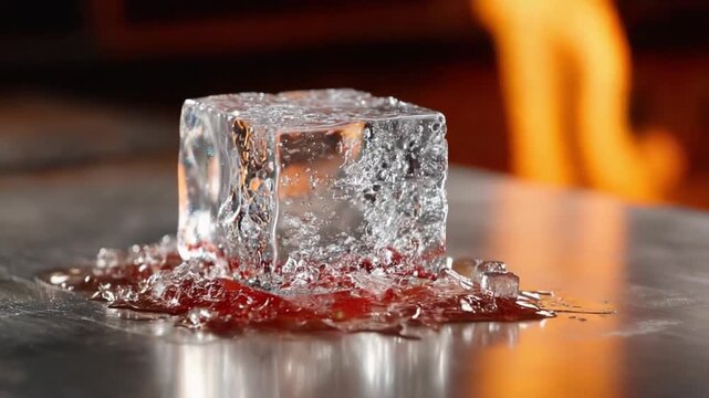 Melting Ice Cube on Hot Surface: A solitary ice cube slowly melts on a reflective hot surface, with flames flickering in the background, creating a dramatic contrast between cold and heat.