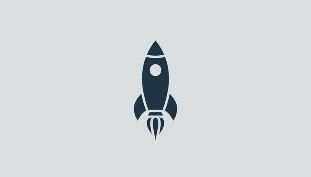 Dark blue rocket ship icon launching vertically against a solid neutral backdrop, symbol of business startup and success.