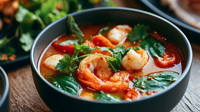 A steaming bowl of vibrant Thai tom yum soup with shrimp  tomatoes  and fresh herbs garnished on a wooden table