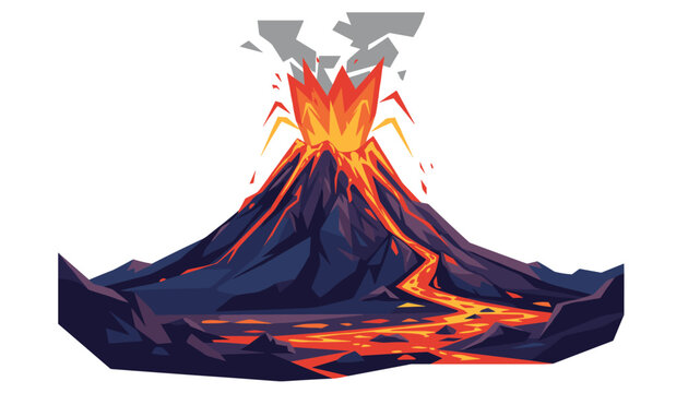 Dramatic vector illustration of an erupting volcano with flowing bright orange lava and dark grey smoke cloud.