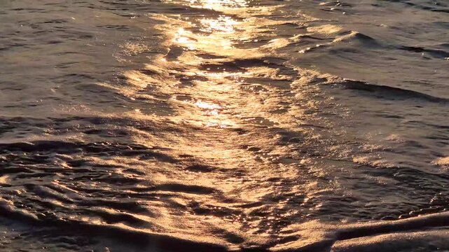Golden ocean waves wash across sandy beach at sunset under warm evening light. Stationary low-angle ground-level shot.