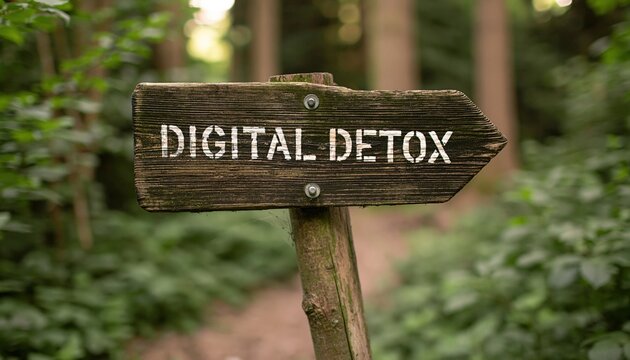 Detox digital sign in a lush forest path for unplug and disconnect lifestyle wellness mindfulness balance nature