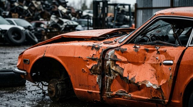 An abandoned orange vintage vehicle serves as a reminder of a devastating car crash road accident, sitting wrecked and rusted in a muddy junkyard filled with scrap metal and debris