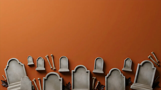 A festive halloween 3d graveyard background design featuring miniature tombstones and spooky decorations on an orange backdrop