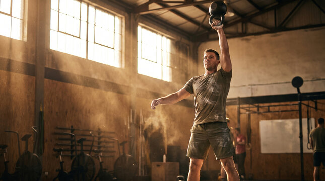 Man Performing Kettlebell Snatch Exercise in Sunlit Dusty Gym