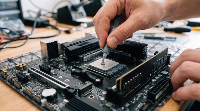 Close-up of hands applying gray thermal paste onto a computer CPU during PC assembly or motherboard repair, illustrating computer hardware maintenance and thermal management.