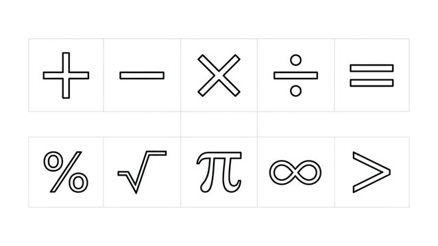 Mathematical Symbols Set: A collection of basic arithmetic and mathematical symbols, including addition, subtraction, multiplication, division, equals, percentage, square root, pi, infinity.
