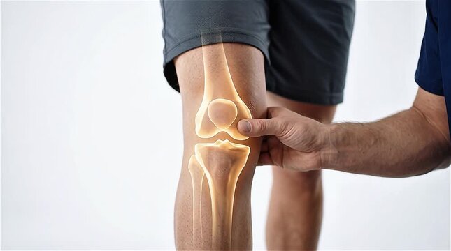 A medical professional examines a patient's knee joint with a digital bone anatomy overlay for orthopedic diagnosis