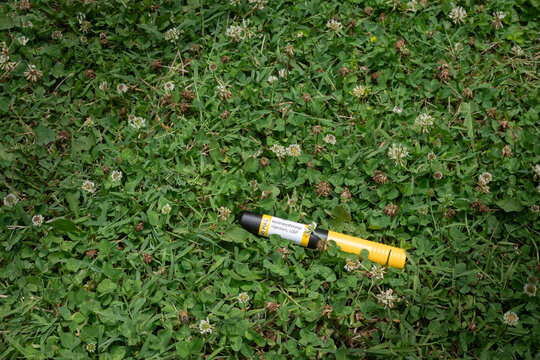 Johnson City, Tennessee, United States-06/11/2026:  Epinephrine auto injector pen used to treat severe allergic reactions such as anaphylaxis.