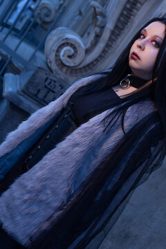 Woman with long black hair and a leather choker in a fur vest, goth beauty portrait