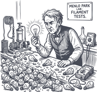 thomas edison examining a light bulb in his laboratory surrounded by broken glass and scientific equipment vector illustration drawn in black fill with no white negative spaces