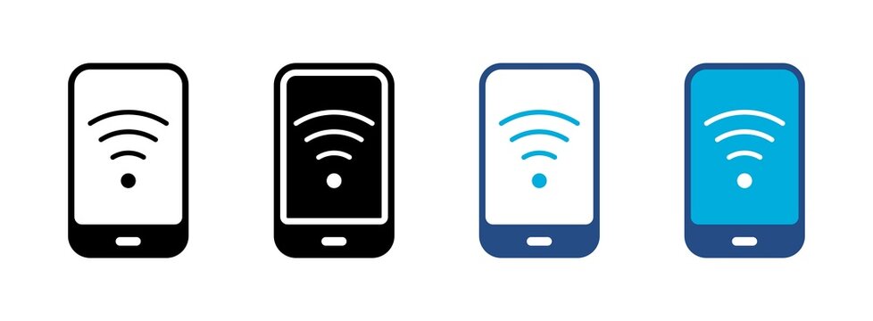 Smartphone Wi-Fi signal connection vector icon set. Mobile phone wireless network, internet access, hotspot, and online connectivity symbols in line art, solid black, and colored flat styles.