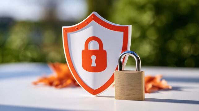 Minimalist October cybersecurity awareness composition with a large protective shield and padlock symbol standing on a bright white surface, soft orange autumn accents subtly incorporated into the s