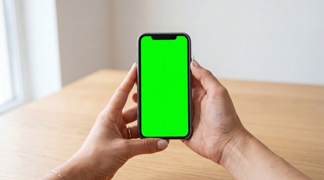 Hands holding a smartphone with a green screen for chroma keying or content replacement